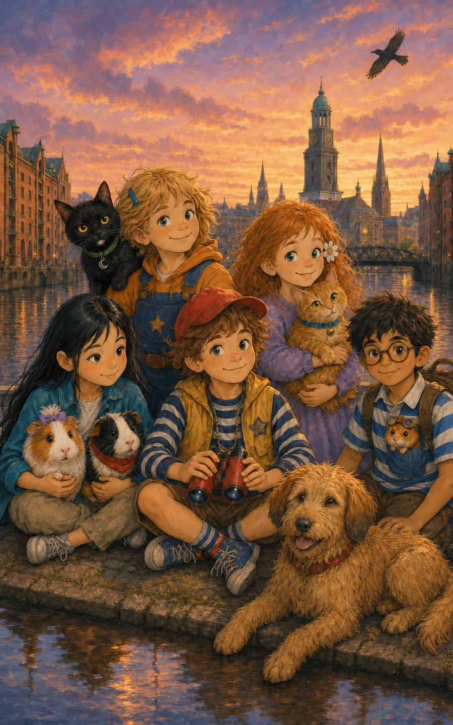 Cover von Buch 1: die fünf Kinder mit ihren Tieren am Fleet in der Speicherstadt, dahinter der Michel im Abendlicht.