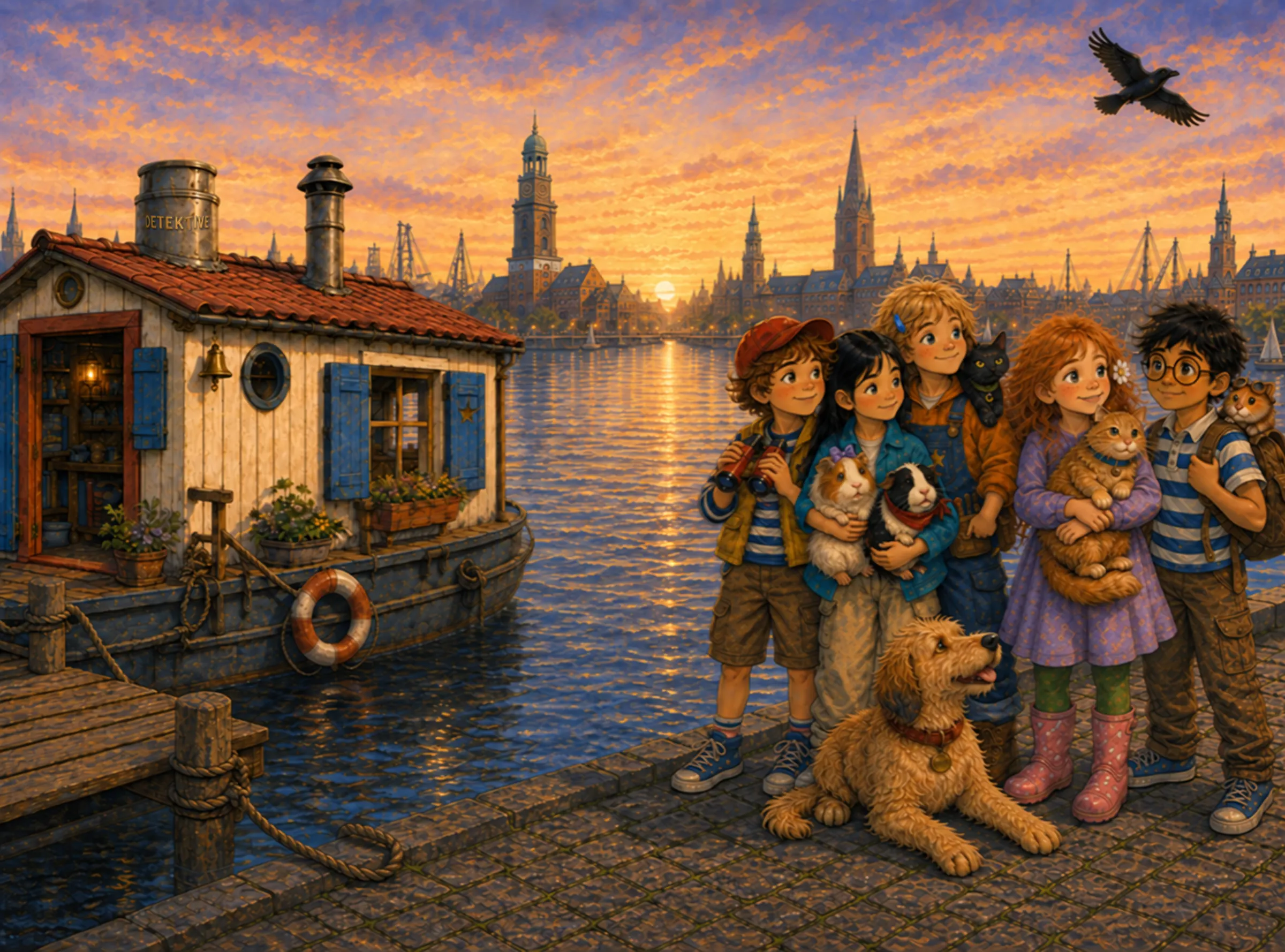 Abendstimmung an der Alster: Die fünf Detektiv-Kinder stehen mit Hund, Katzen, Meerschweinchen und Hamster am Steg neben ihrem bunten Hausboot. Am Himmel fliegt eine schwarze Krähe.