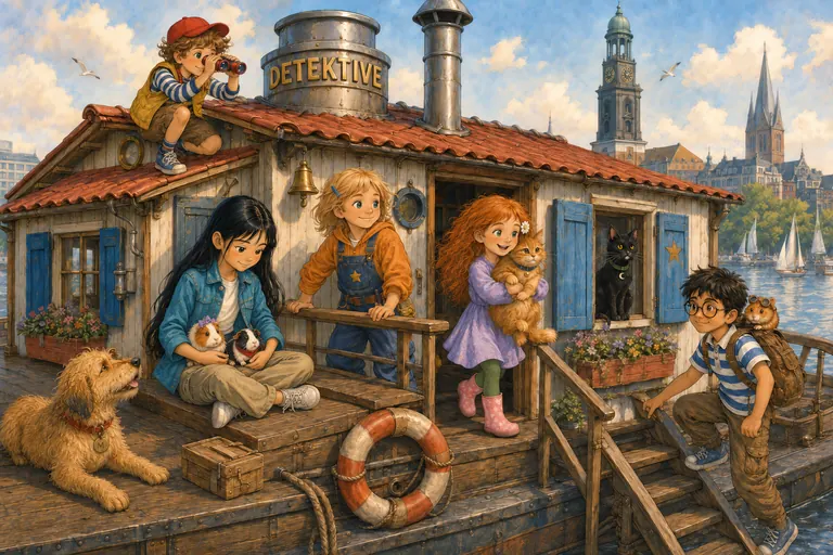 Das bunte Hausboot mit rotem Ziegeldach und blauen Fensterläden. Finn sitzt auf dem Dach und schaut durch sein Fernglas, die anderen Kinder und Tiere sind an Deck.