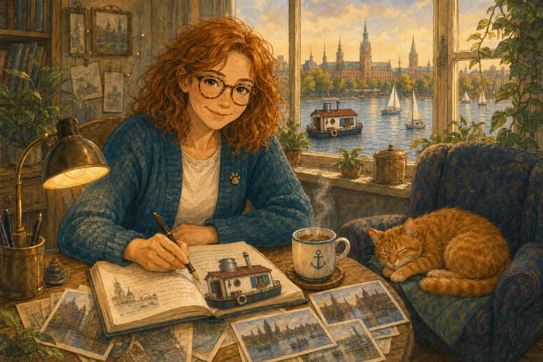 Lina Storm mit kupferroten Locken und runder Brille schreibt an ihrem Tisch mit Blick auf die Alster, eine rote Katze schläft im Sessel.