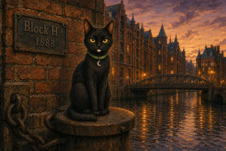 Alva sitzt in der Abenddämmerung vor einer alten Hausnummer-Tafel in der Speicherstadt.