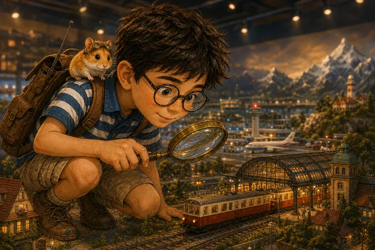 Ben untersucht mit der Lupe eine Modelleisenbahn, Hamsti-Hams sitzt auf seiner Schulter.