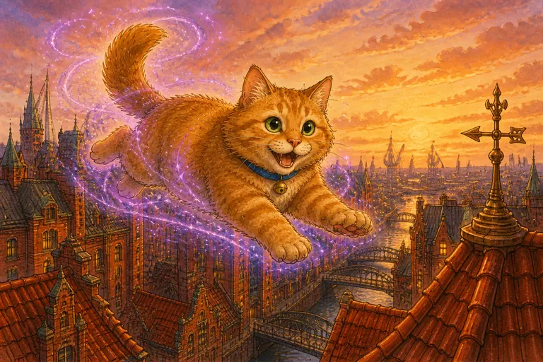 Charlie springt in einem lila Flimmern über die Dächer der Speicherstadt.
