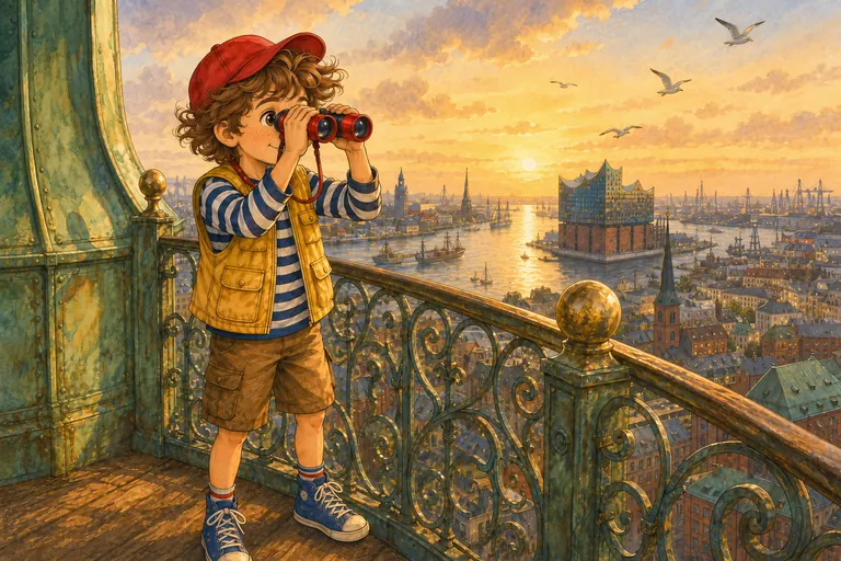 Finn mit roter Kappe schaut vom Michel durch sein rotes Fernglas über den Hamburger Hafen.