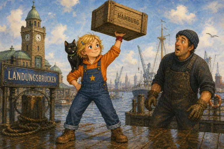 Greta stemmt an den Landungsbrücken eine schwere Holzkiste in die Höhe, Alva sitzt auf ihrer Schulter.