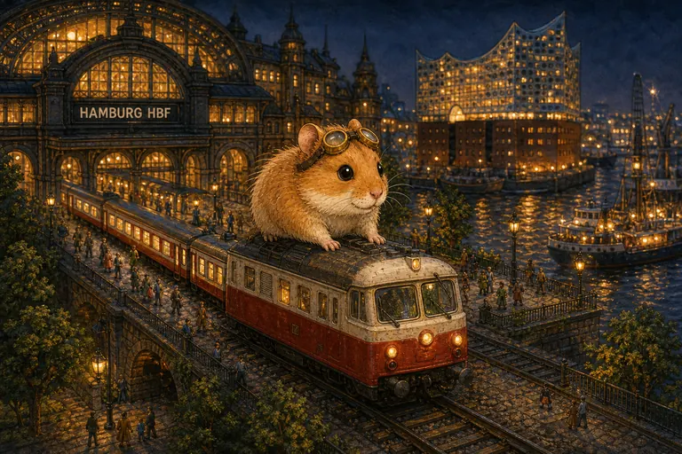 Hamsti-Hams mit Schutzbrille sitzt auf einem Modellzug vor dem Hamburger Hauptbahnhof.