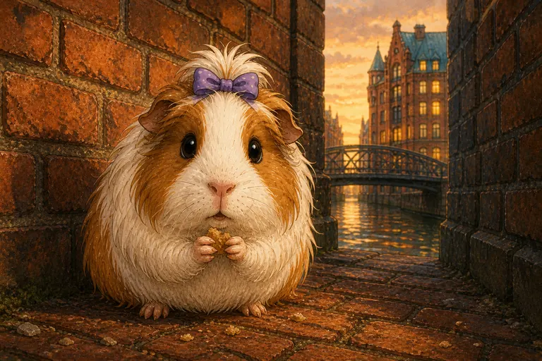 Lulu mit lila Schleife sitzt zwischen den Backsteinen der Speicherstadt.