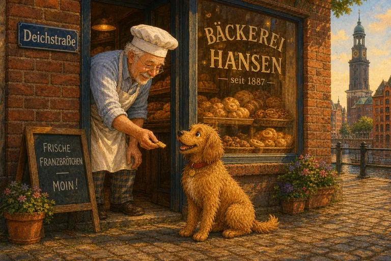Maili wartet vor einer Bäckerei in der Deichstraße, der Bäcker reicht ihm etwas.