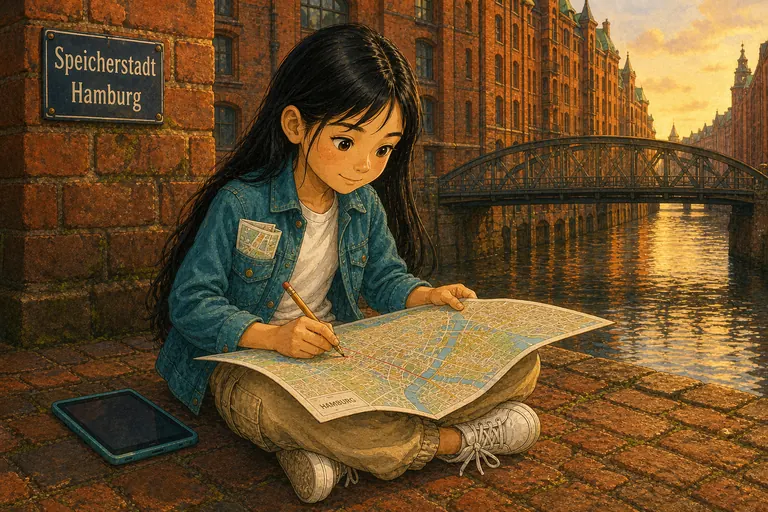 Mia sitzt in der Speicherstadt am Fleet und studiert einen großen Stadtplan.