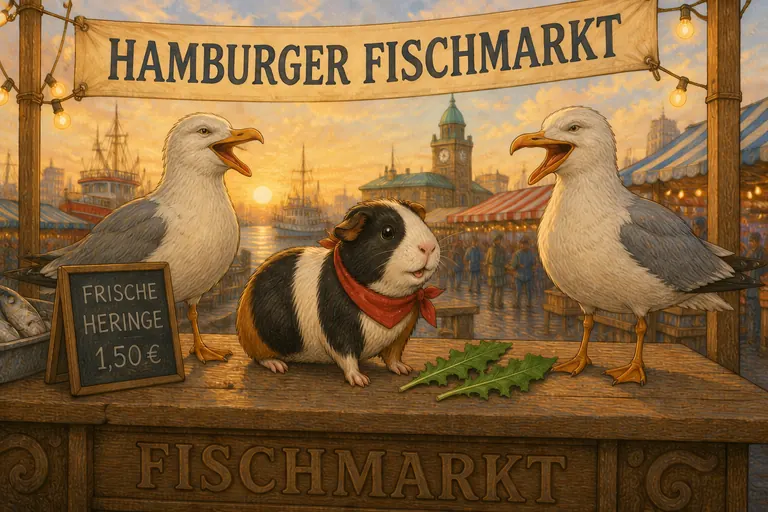 Rocky mit rotem Halstuch zwischen zwei Möwen auf dem Hamburger Fischmarkt.